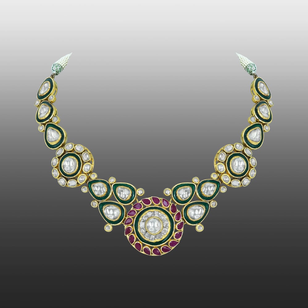 Polki Necklace with Red Rubies and Green Enamel